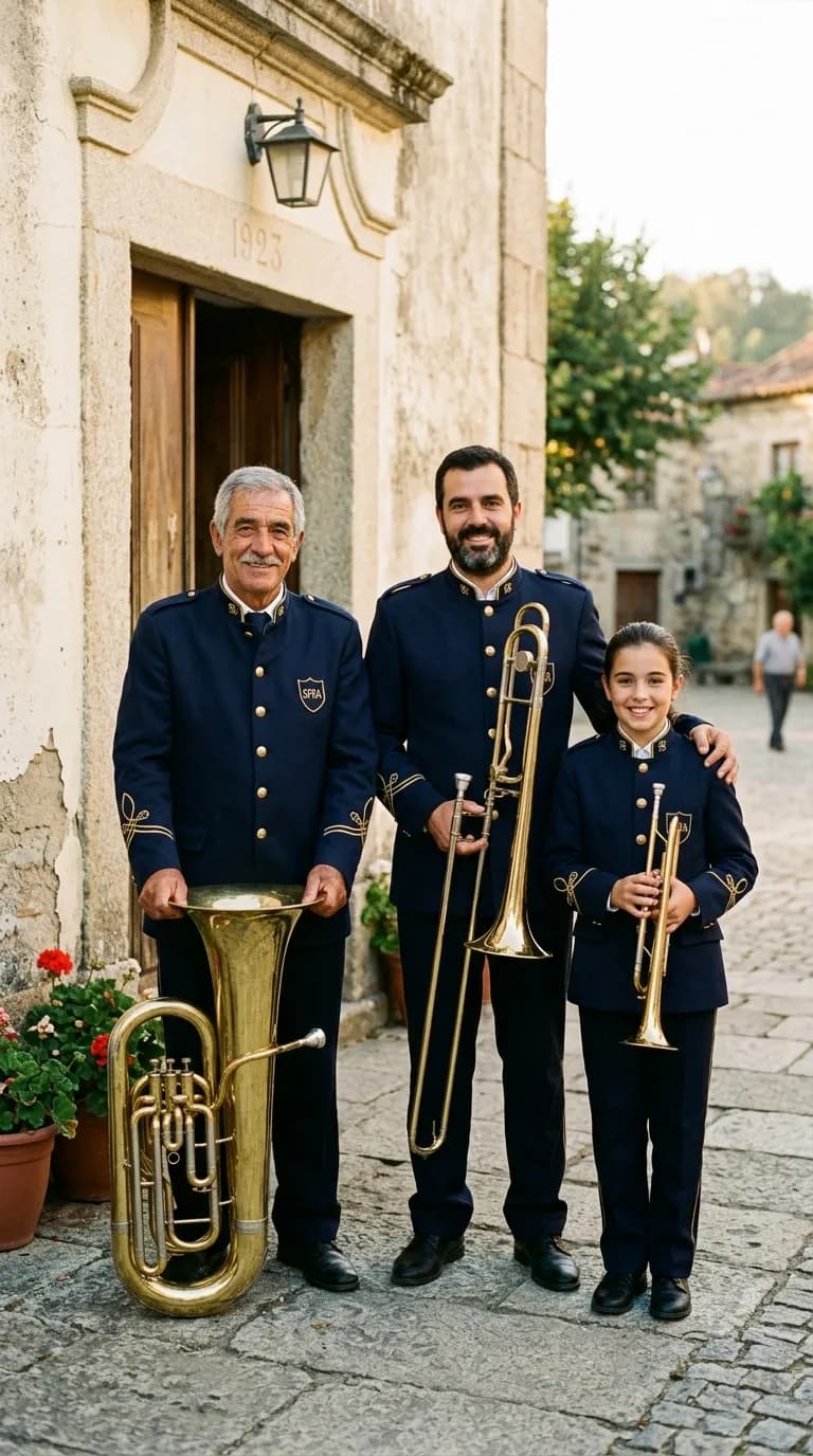Três gerações de músicos de farda azul-marinho a segurar instrumentos de metal à porta de um salão antigo