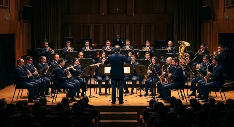Banda filarmónica de farda azul-marinho a actuar sob luzes quentes de palco