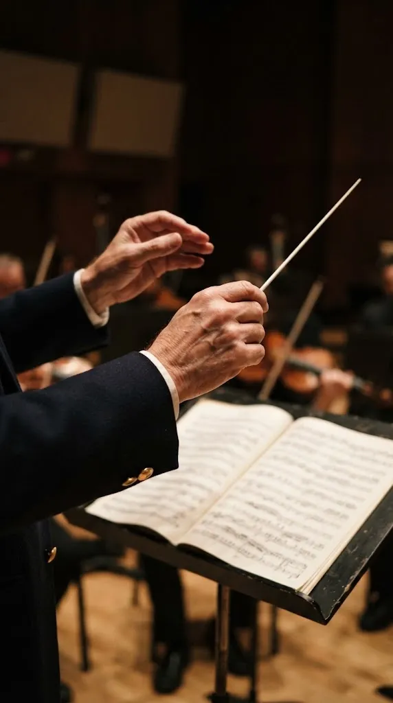 Mãos de um maestro a segurar a batuta sobre uma partitura aberta