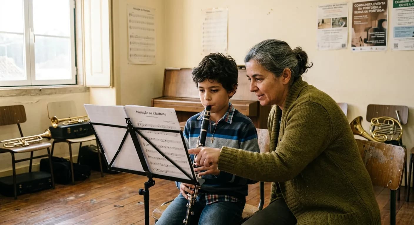 Criança a aprender clarinete com um professor numa sala de ensaio com luz quente