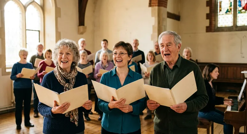 Coro comunitário a cantar com partituras num salão luminoso