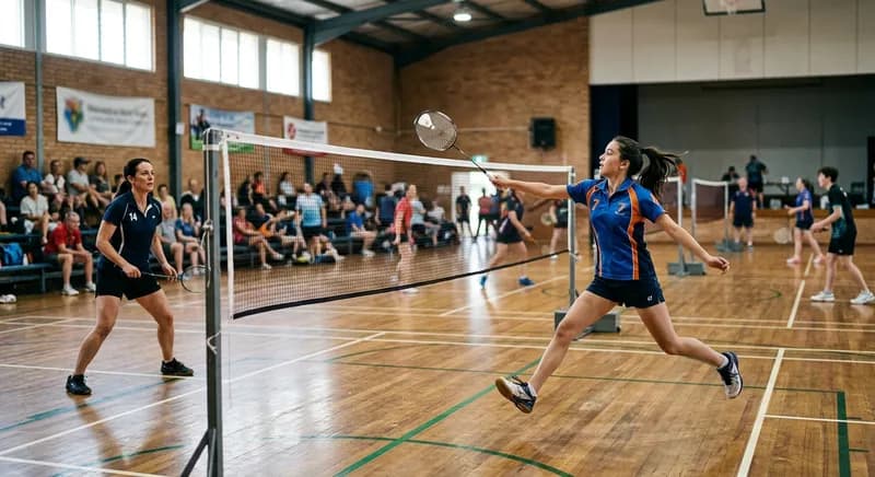 Jogadores de badminton a meio de uma jogada num pavilhão comunitário