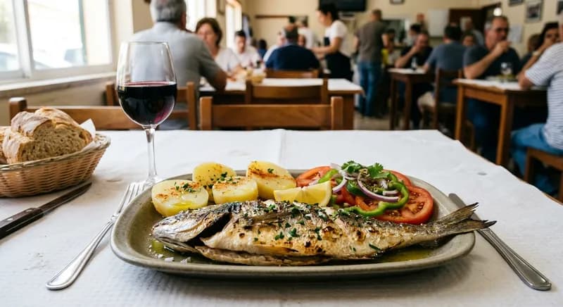 Peixe fresco grelhado com batatas e salada numa mesa simples de restaurante português