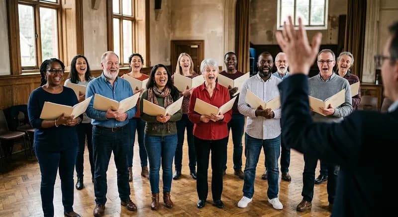 Coro de adultos a cantar num salão comunitário luminoso