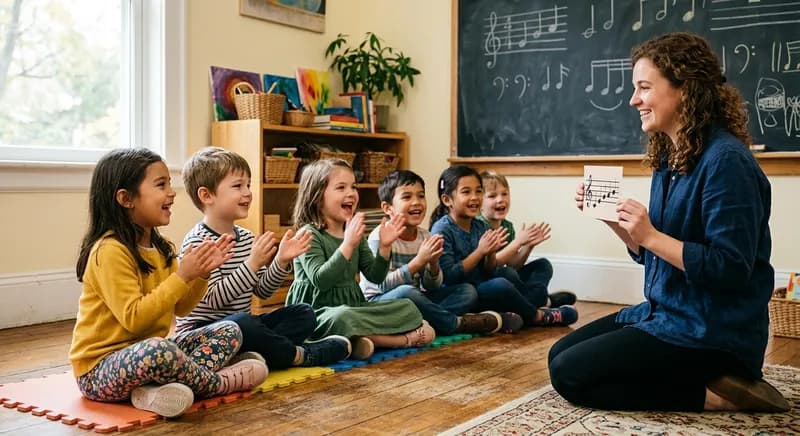 Crianças a bater palmas em ritmo à volta de uma professora com uma pauta no quadro