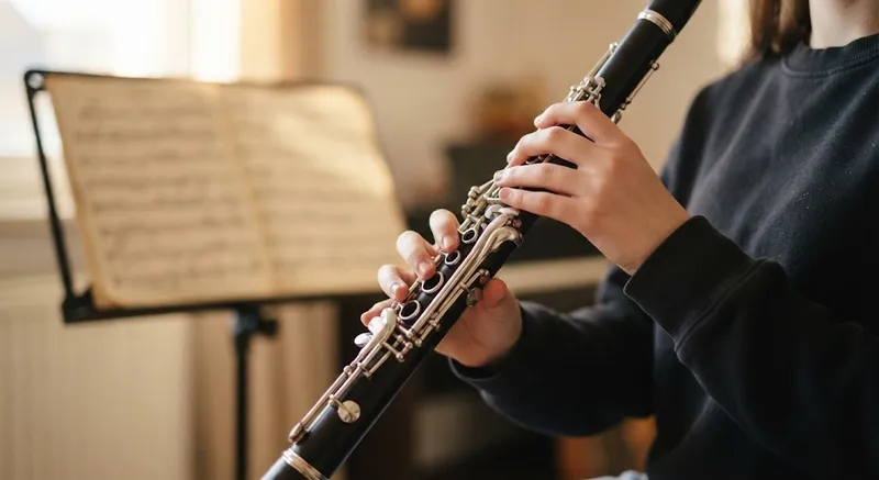 Pormenor de mãos num clarinete com partitura desfocada ao fundo
