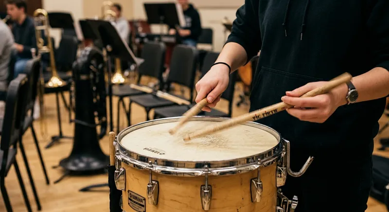 Mãos de um percussionista numa caixa com instrumentos de metal atrás